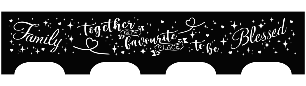 A black steel fire pit panel featuring precision-cut stars and hearts. The panel displays the inscription 'Family Together is my Favourite Place to be Blessed,' creating a warm and inviting aesthetic.